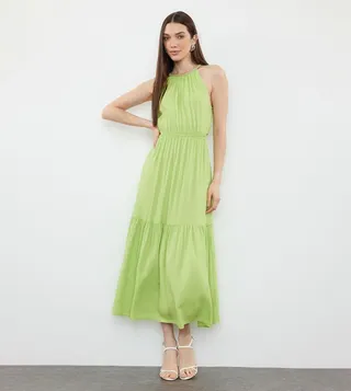 Solid Halterneck Tiered Dress