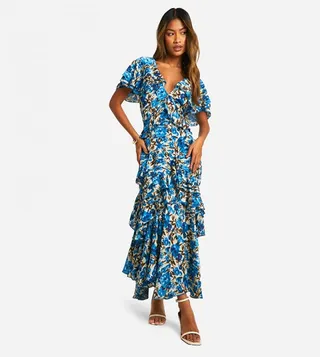 Floral Print Frill Detail Ruffle Maxi Dress