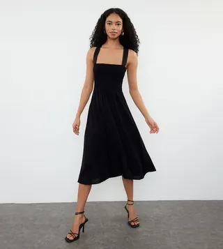 Smocked Strappy A-Line Midi Dress