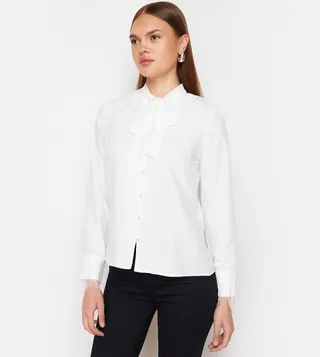 Binding and Lace Detail Regular Fit Woven Shirt