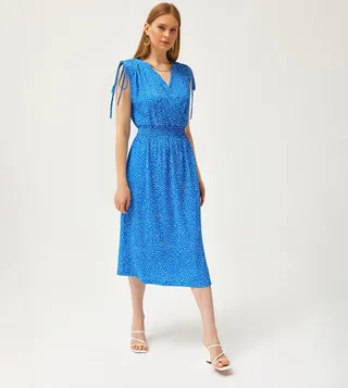 Printed Elastic Waist Detail Midi Dress