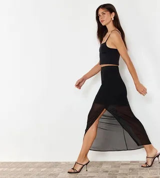 Solid Slit Detail Maxi Skirt