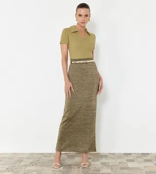 Textured Belt Detail Maxi Skirt