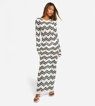 Monochrome Zig Zag Crochet Maxi Dress