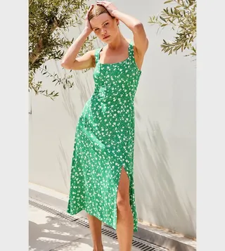 Printed Slit Detail Midi Dress
