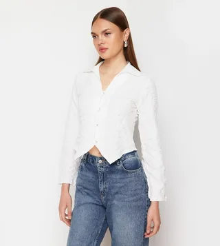 Textured Long Sleeves Crop Shirt