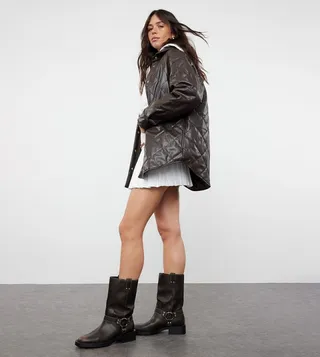 Quilted Faux Leather Long Sleeves Coat