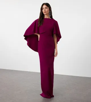 Solid Cape Sleeves Maxi Evening Dress