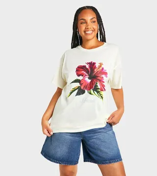 Curve Hawaii Flower Printed Oversized T-Shirt
