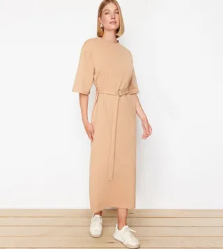 Belted Short Sleeves Knitted Dress