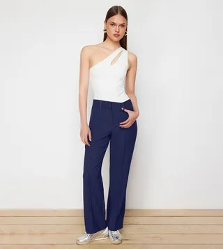 Ribbed High-Rise Straight Cut Woven Pants