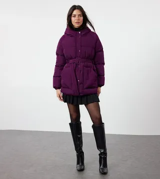 Belted Water Repellent Hooded Puffer Jacket