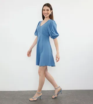 Solid Balloon Sleeves Mini Dress