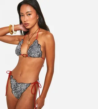 Leopard Contrast Ties Triangle Bikini Set