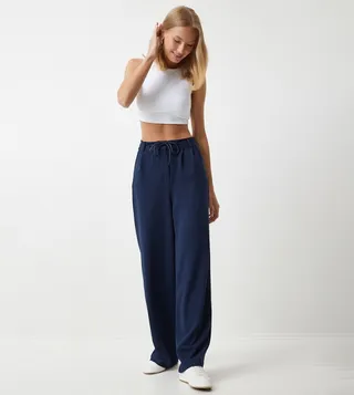 Solid Drawstring Waist Wide Leg Trousers