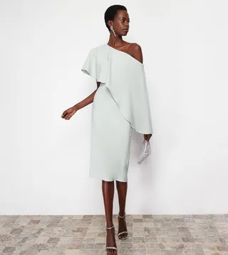 Cape Detail Asymmetric Neck Evening Dress