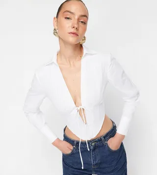 Tie Detail Underwire Poplin Crop Shirt