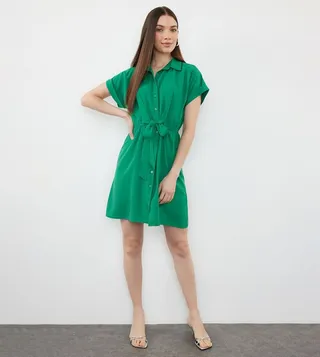 Belted Short Sleeves Shirt Dress