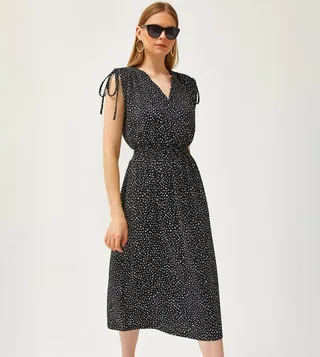 Printed Elastic Waist Detail Midi Dress