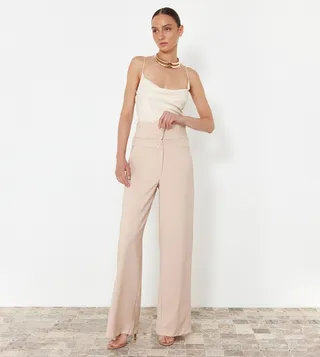 Solid High-Rise Button Detail Pants