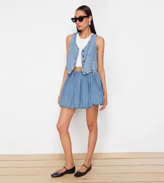 Sustainable Pleated Mini Denim Skirt