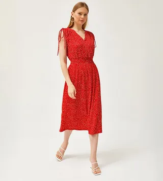 Printed Elastic Waist Detail Midi Dress