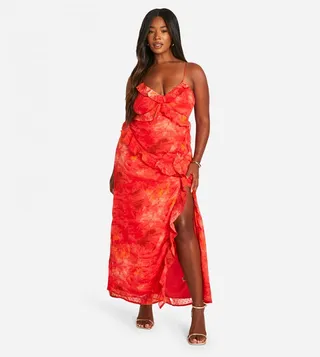 Plus Printed Ruffle Strappy Maxi Dress