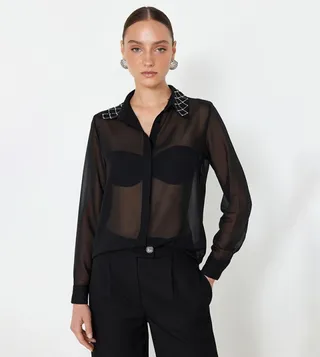 Embellished See Through Pocket Detail Shirt