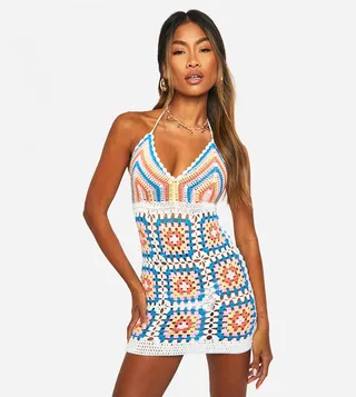 Premium Patchwork Rainbow Crochet Mini Dress
