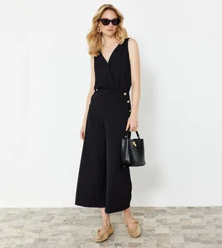 Button Detail Wide Leg Pants