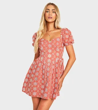 Broderie Puff Sleeves Mini Dress