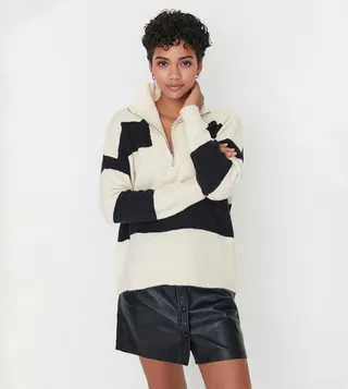 Striped Half Zippered Long Sleeves Sweater