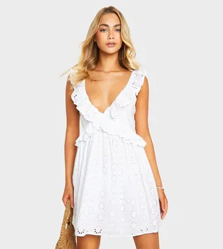 Broderie Ruffle Plunge Mini Dress