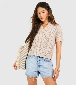 Collared Crochet Boxy Knitted Top