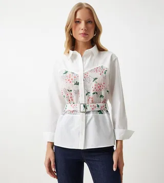 Embroidered Belted Woven Shirt