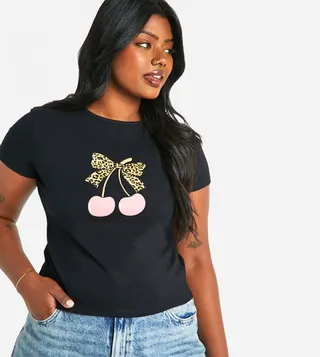 Plus Leopard Bow Cherry Cropped T-Shirt