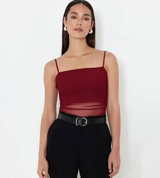 Tulle Detail Strappy Bodysuit Top