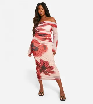 Plus Bardot Floral Mesh Ruched Midaxi Dress