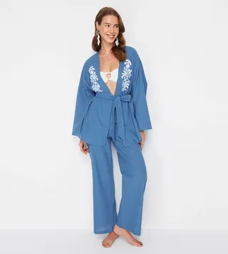 Embroidered Long Sleeves Kimono Trousers Set