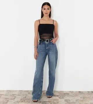 Tulle Detail Strappy Bodysuit Top