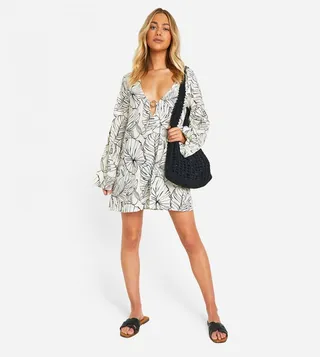 Palm Printed Cotton Ring Detail Mini Dress