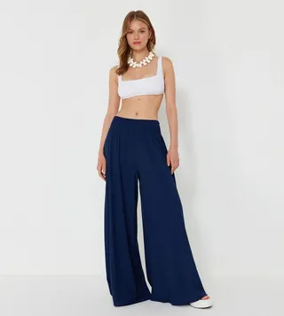 Solid Elastic Palazzo Pants
