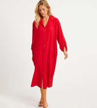 Solid Slit Detail Midi Shirt Dress