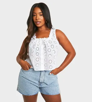 Plus Broderie Button Down Sleeveless Top