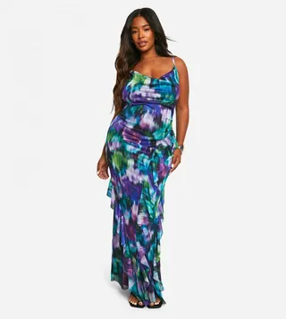 Plus Floral Mesh Ruffle Maxi Dress