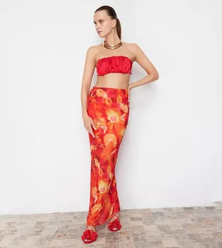 Floral Patterned Tulle Maxi Skirt