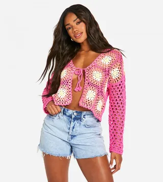 Premium Patchwork Crochet Lace Up Cardigan