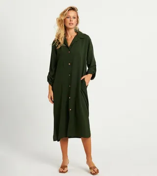 Solid Slit Detail Midi Shirt Dress