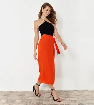 Tie Detail Midi Skirt