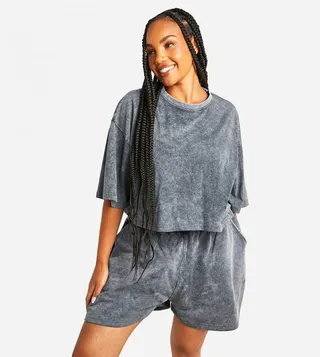 Plus Acid Wash Boxy Crop and Sweatshorts Set